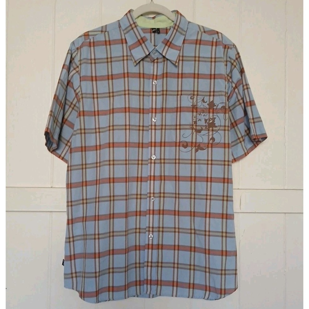 Vintage 90s RUSTY Shirt Plaid Button Up Men's Large Blue Plaid Short Sleeve Surf